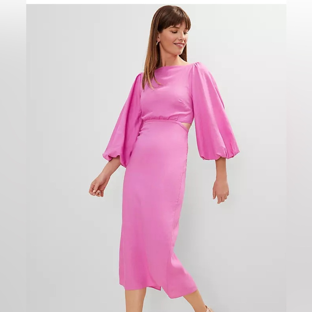 NWT ANN TAYLOR DRESS Linen Blend Puff Sleeve Midi Dress Size 4